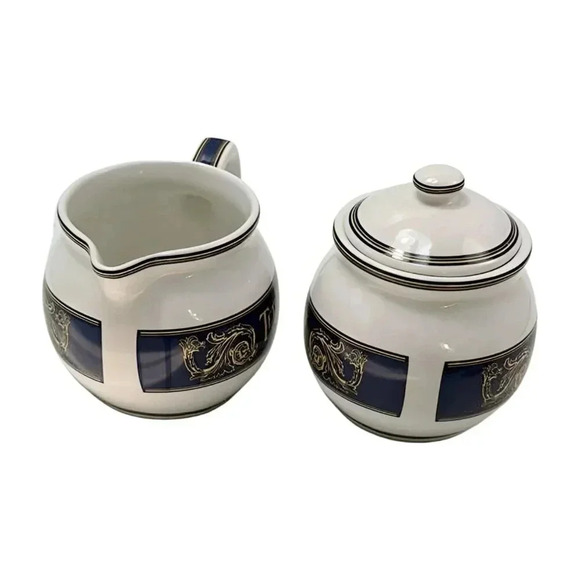Tetley Tea Lot 2 Cream and Sugar Bowl White Blue Gold  Ceramic 1980s - Picture 4 of 9